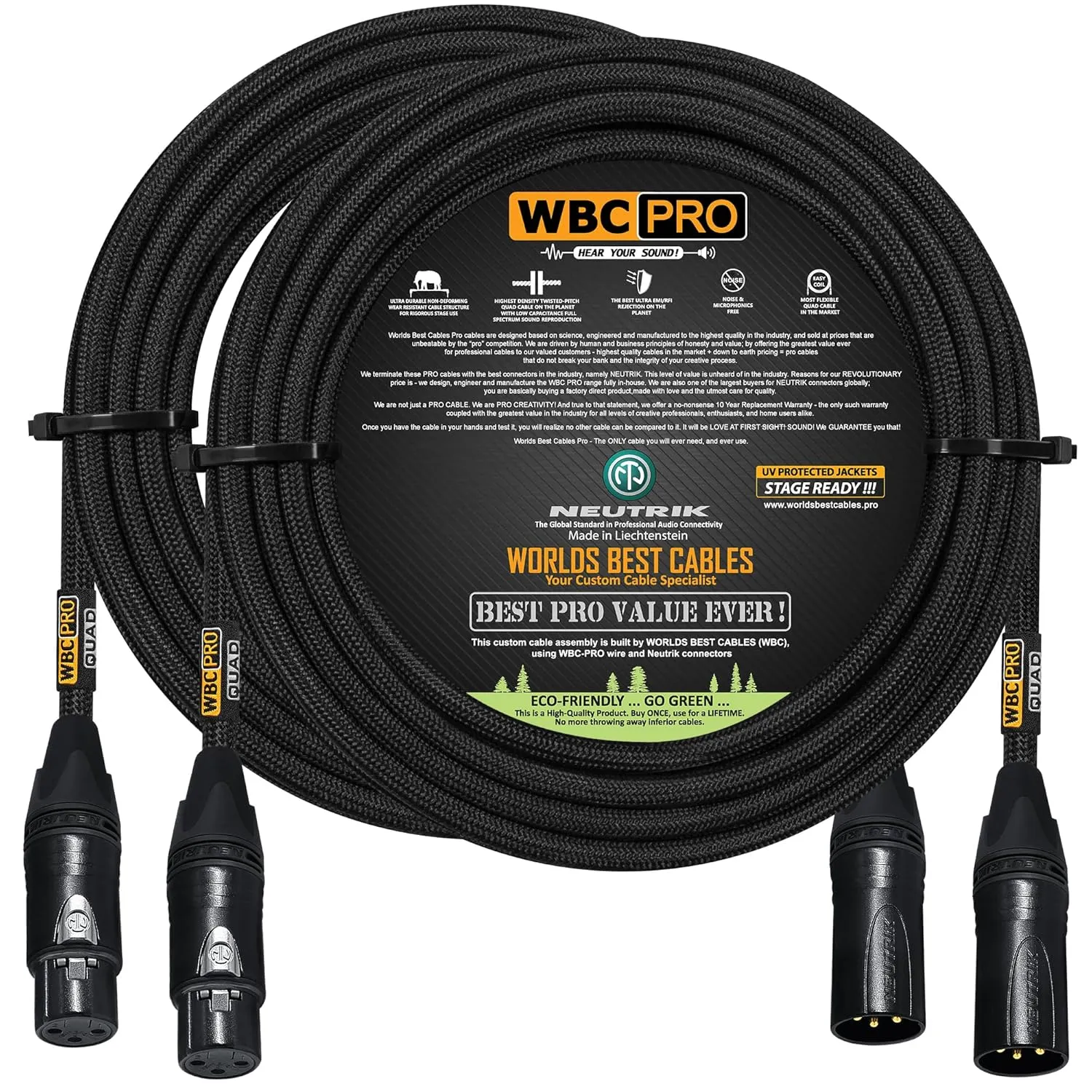 2 Units - 30 Foot - WBC-PRO-Quad Ultra-Silent Ultra-Flexible Balanced Star-Quad Cable with Neutrik Male & Female XLR Plugs & Black Tweed Jacket