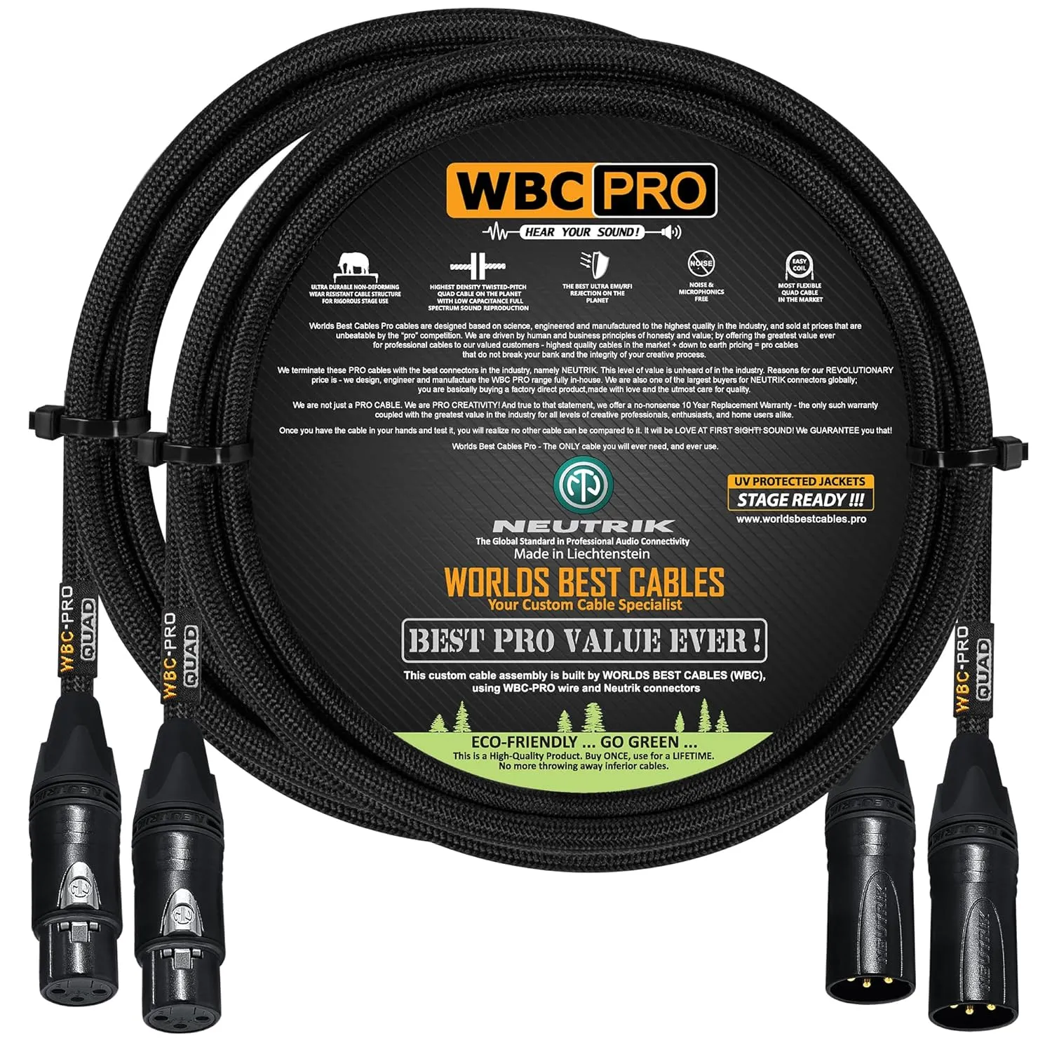 2 Units - 6 Foot - WBC-PRO-Quad Ultra-Silent Ultra-Flexible Balanced Star-Quad Cable with Neutrik Male & Female XLR Plugs & Black Tweed Jacket