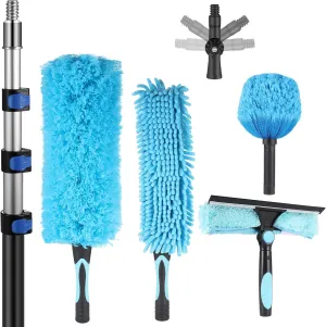 20 Foot High Reach Ceiling Duster Kit 3.6-12ft Extendable Pole with Cobweb Duster,Ceiling Fan Duster,Window Squeegee and Scrubber, Microfiber Feather for Easy Cleaning Indoor & Outdoor