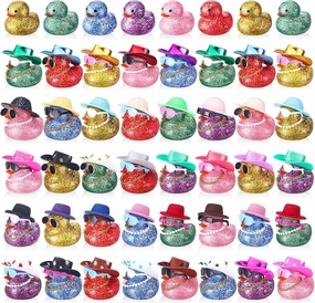 200 Pcs Glitter Rubber in Bulk Summer Mini Rubber Ducks Bath Toy Accessories Sunglasses Necklace Hat for Baby Shower Birthday Swimming Party Gift Favor, 2 Inches
