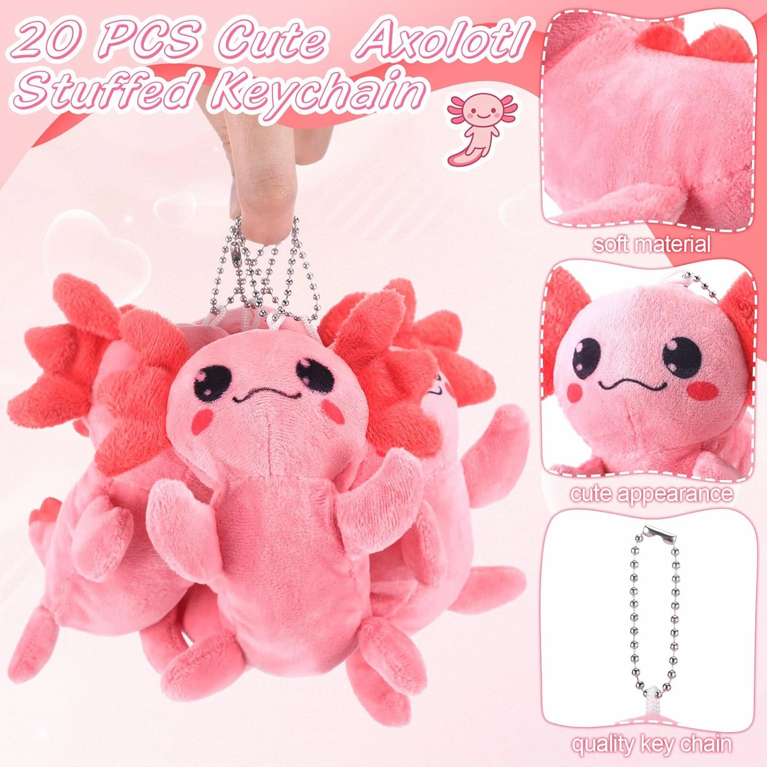 20 Pcs Mini Plush Axolotl Stuffed Animal Keychains Bulk Axolotls Party Favors Small Axolotl Plush Gifts Ornament for Birthday Party Graduation Prize Baby Shower Favors(Pink)