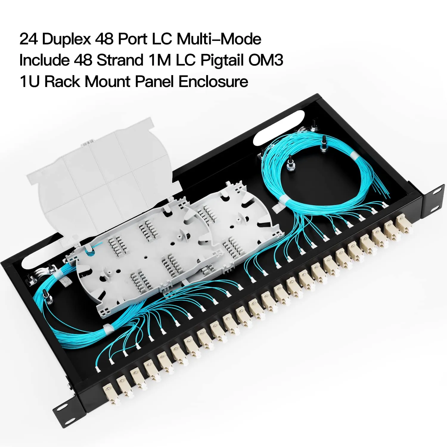 24 Duplex 48 Port LC-OM3 Multimode Fiber Enclosure Rack Mount Fiber Box LC-UPC Kit 1 RU Fits 19" Racks Cabinet (Include 2Pcs Splice Trays 48 Strand Pigtail 1M Cables Spool 48 Core LGX Loaded Patch