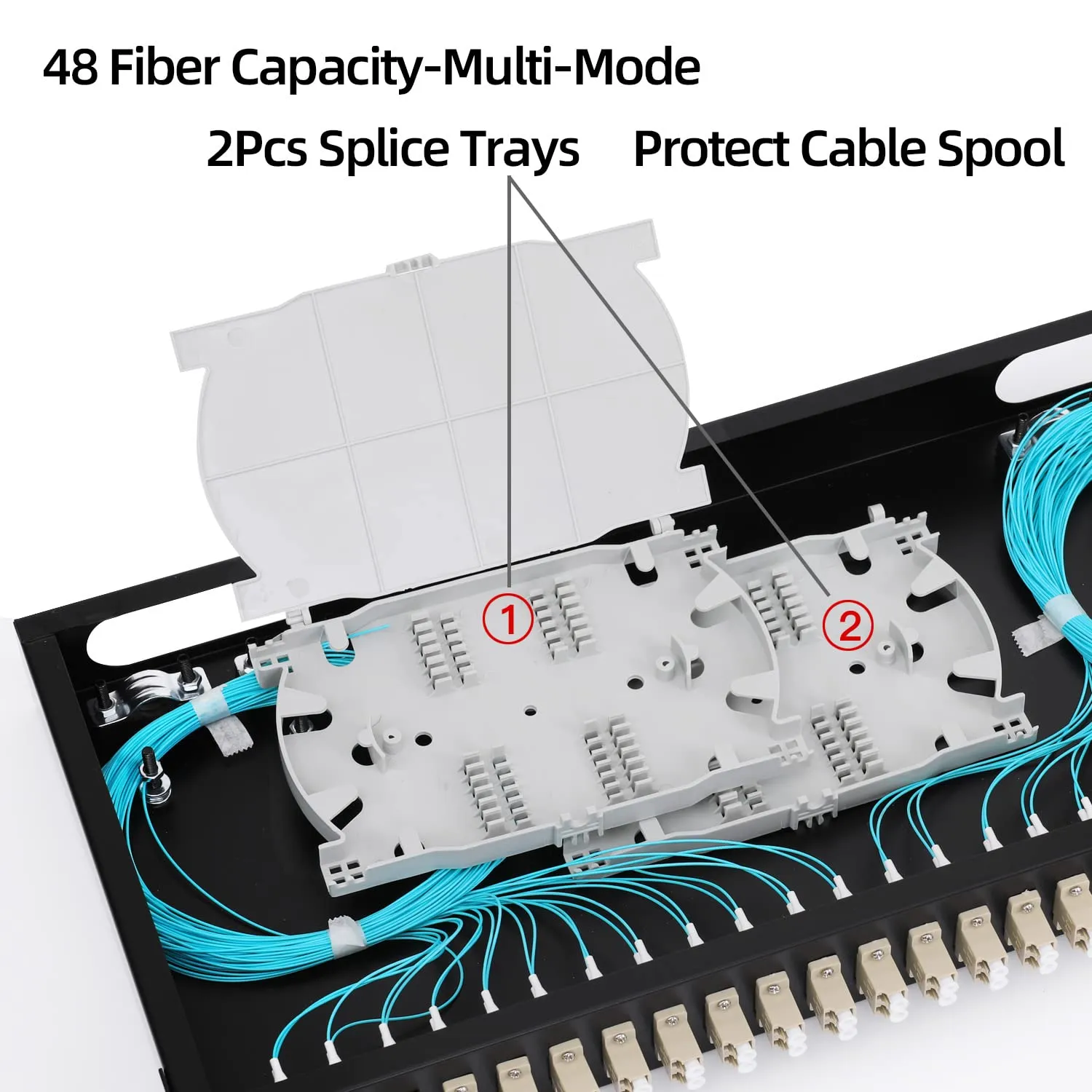 24 Duplex 48 Port LC-OM3 Multimode Fiber Enclosure Rack Mount Fiber Box LC-UPC Kit 1 RU Fits 19" Racks Cabinet (Include 2Pcs Splice Trays 48 Strand Pigtail 1M Cables Spool 48 Core LGX Loaded Patch