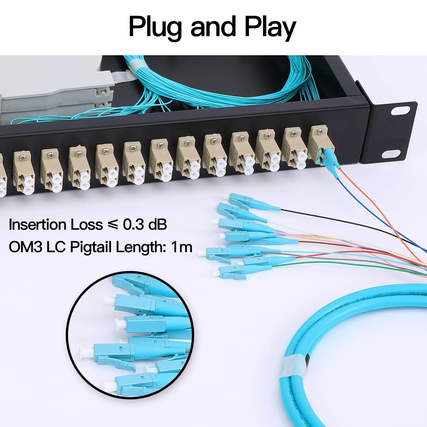 24 Duplex 48 Port LC-OM3 Multimode Fiber Enclosure Rack Mount Fiber Box LC-UPC Kit 1 RU Fits 19" Racks Cabinet (Include 2Pcs Splice Trays 48 Strand Pigtail 1M Cables Spool 48 Core LGX Loaded Patch