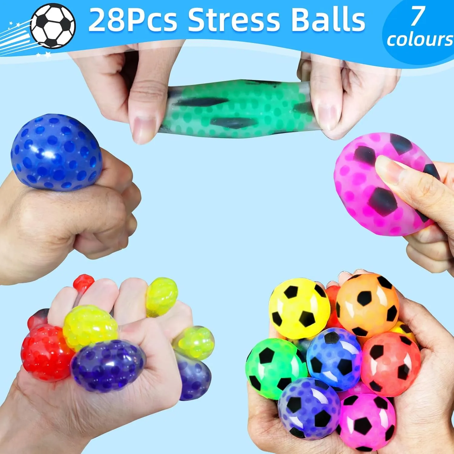 24 Pack Stress Balls Set Fidget Toys for Adults, Squishy Toys, Colorful Soccer Squishy Squeeze Stress Relief Ball for Kids Adults Classroom Prize,Party Favors,Birthday Gift, Goodie Bag Stuffers