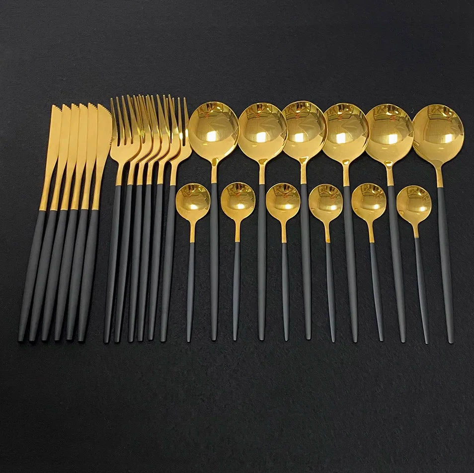 24Pcs Colorful Dinnerware Set Stainless Steel Cutlery Kitchen Mirror Gold Tableware Dinner