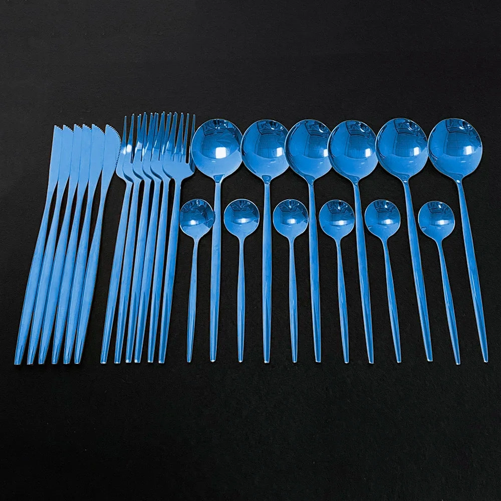 24Pcs Colorful Dinnerware Set Stainless Steel Cutlery Kitchen Mirror Gold Tableware Dinner