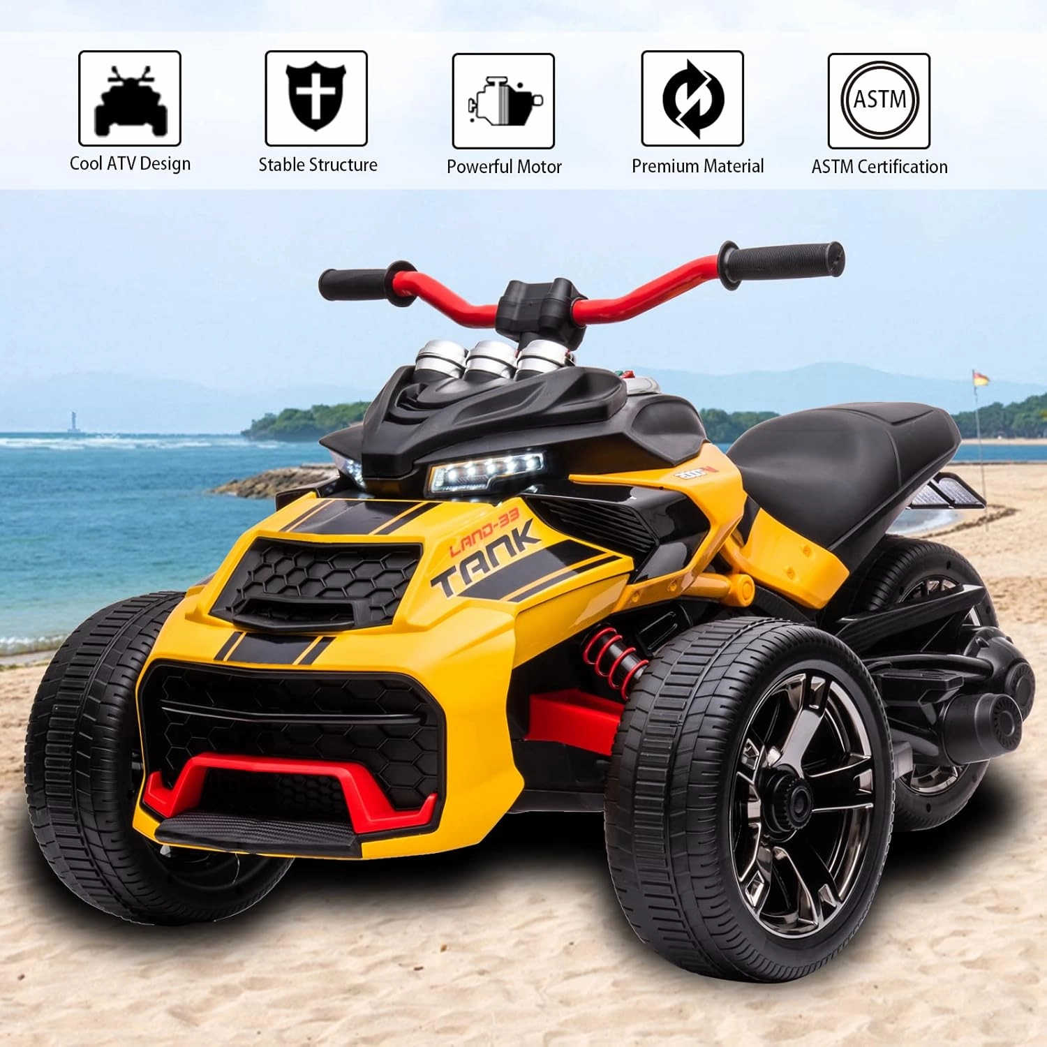 24V Kids Ride On Motorcycle ATV, Electric Ride On Toy for Toddlers Boys Girls, Kids 3 Wheels with High/Low Speed Modes, Ride on Car w/LED Lights, EVA Rubber Tires, Bluetooth, MP3, Yellow