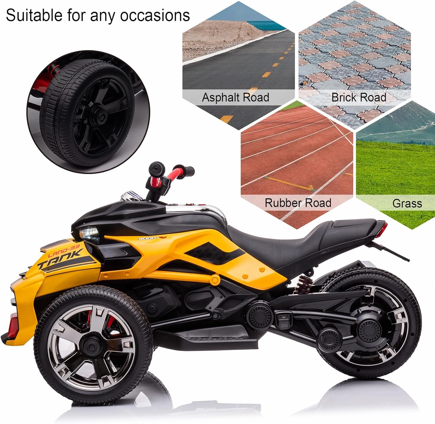 24V Kids Ride On Motorcycle ATV, Electric Ride On Toy for Toddlers Boys Girls, Kids 3 Wheels with High/Low Speed Modes, Ride on Car w/LED Lights, EVA Rubber Tires, Bluetooth, MP3, Yellow
