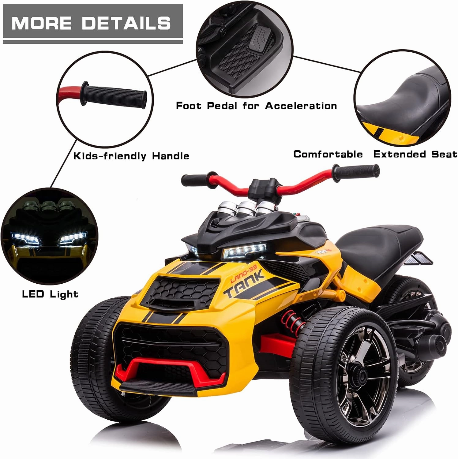 24V Kids Ride On Motorcycle ATV, Electric Ride On Toy for Toddlers Boys Girls, Kids 3 Wheels with High/Low Speed Modes, Ride on Car w/LED Lights, EVA Rubber Tires, Bluetooth, MP3, Yellow