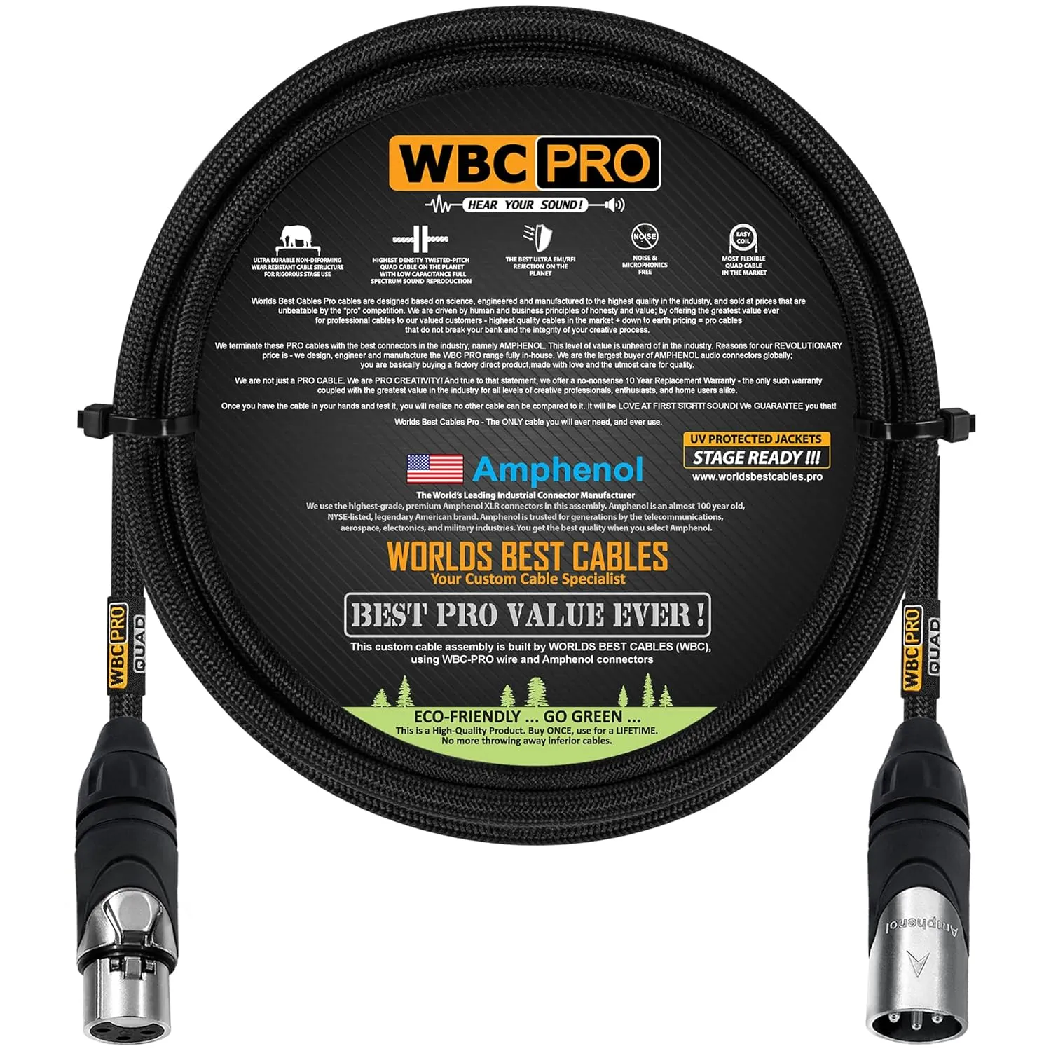 3 Foot - WBC-PRO-Quad Ultra-Silent Ultra-Flexible Balanced Star-Quad Cable with Amphenol Male & Female XLR Plugs & Black Tweed Jacket