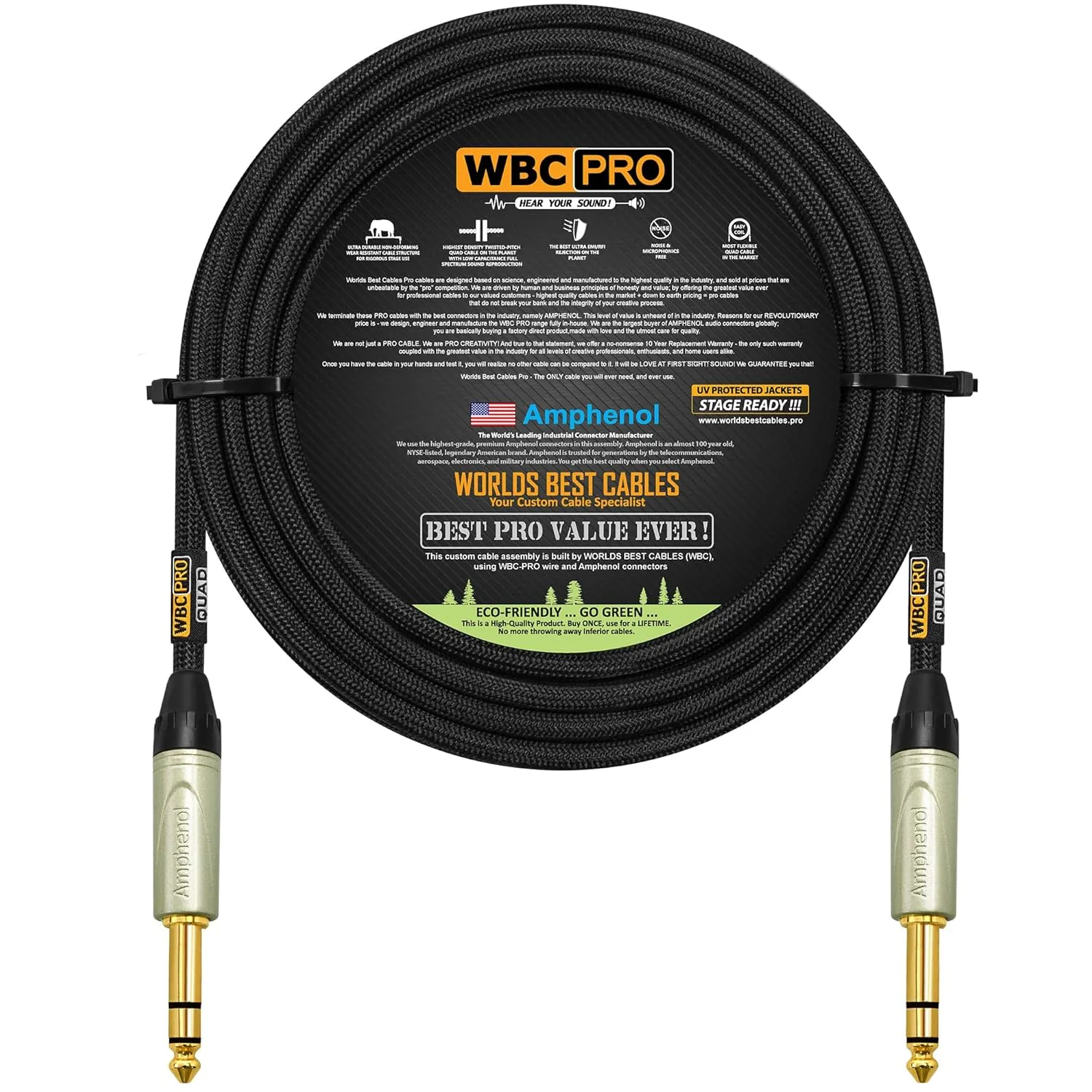 35 Foot - WBC-PRO-Quad Ultra-Silent Ultra-Flexible Balanced Star-Quad Cable with Amphenol QS3P-AU ¼ Inch (6.35mm) Gold Straight TRS Stereo Phone Plugs & Black Tweed Jacket