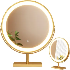 360°Rotation Light Up Mirror 3 Colors Brightness Adjustable, Desk Mirror With Dimmable Brightness, Magnifying Vanity Mirror With 3 Color LED Lights, Smart Touch Control, Lighted Makeup Mirror(Glod,40c