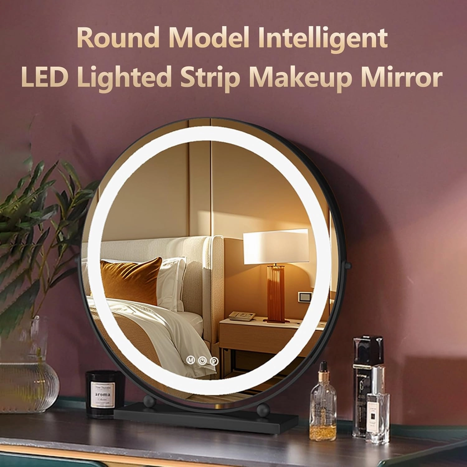 3 Colors Brightness Adjustable Makeup Mirror with Lights, 360°Swivel Rechargeable LED Magnifying Mirror, Rechargeable Double Sided LED Vanity Mirror, Smart Touch Control, White, Height Adjustment(Gold