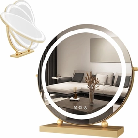 3 Colors Brightness Adjustable Makeup Mirror with Lights, 360°Swivel Rechargeable LED Magnifying Mirror, Rechargeable Double Sided LED Vanity Mirror, Smart Touch Control, White, Height Adjustment(Gold