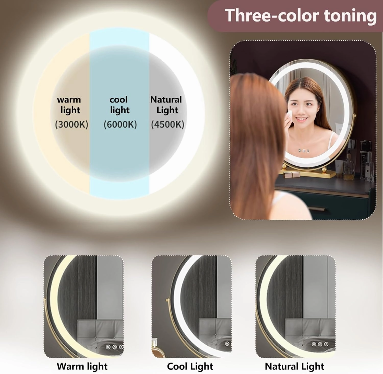 3 Colors Brightness Adjustable Makeup Mirror with Lights, 360°Swivel Rechargeable LED Magnifying Mirror, Rechargeable Double Sided LED Vanity Mirror, Smart Touch Control, White, Height Adjustment(Gold