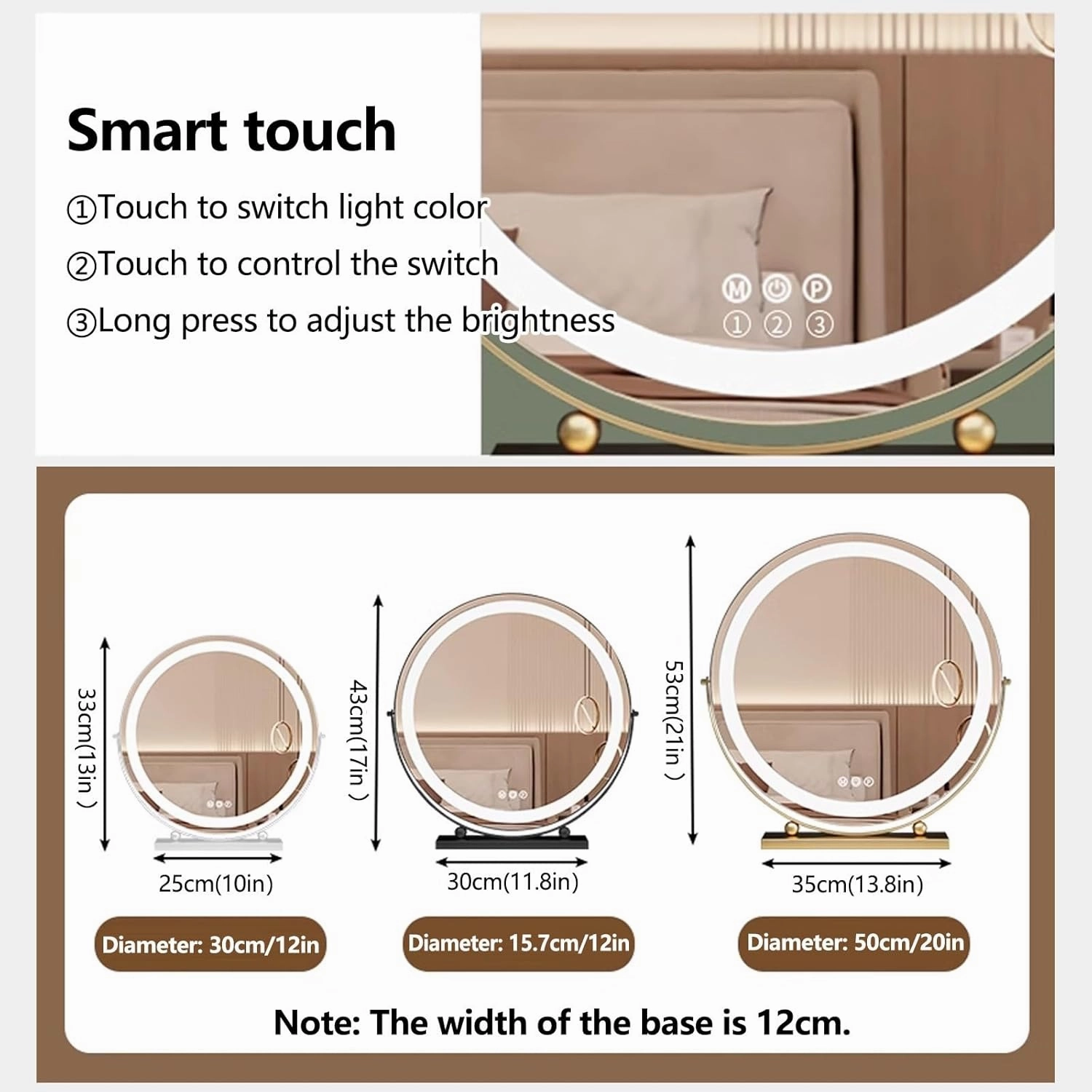3 Colors Brightness Adjustable Makeup Mirror with Lights, 360°Swivel Rechargeable LED Magnifying Mirror, Rechargeable Double Sided LED Vanity Mirror, Smart Touch Control, White, Height Adjustment(Gold