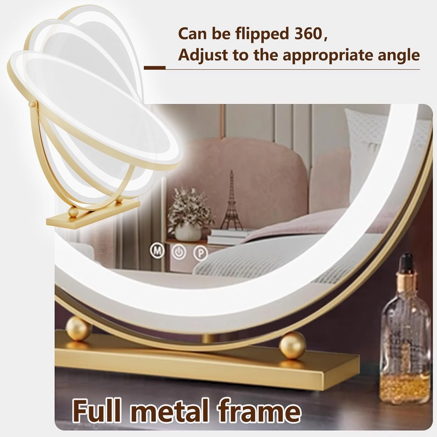 3 Colors Brightness Adjustable Makeup Mirror with Lights, 360°Swivel Rechargeable LED Magnifying Mirror, Rechargeable Double Sided LED Vanity Mirror, Smart Touch Control, White, Height Adjustment(Gold