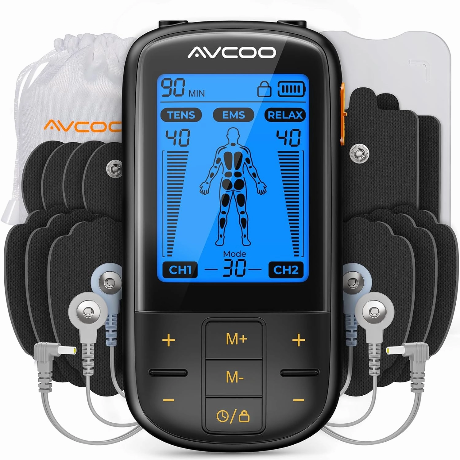 3-in-1 TENS Unit Muscle Stimulator with 30 Modes, 40 Intensities TENS Machine for Gradual Back Pain Relief Therapy, Rechargeable EMS Unit Massager with 12 TENS Electrode Pads, a Storage Bag