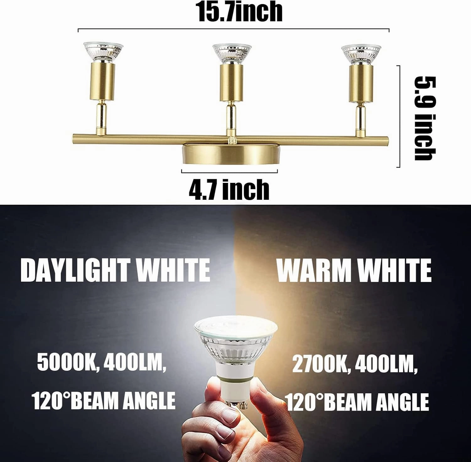 3 Light LED Track Lighting Kit Fixtures, Golden Finish 3 Way Ceiling Spotlight for Kitchen,Flexibly Rotatable Light Heads,Included 3 gu10 LED Bulbs (4W 400LM Warm White 2700K)