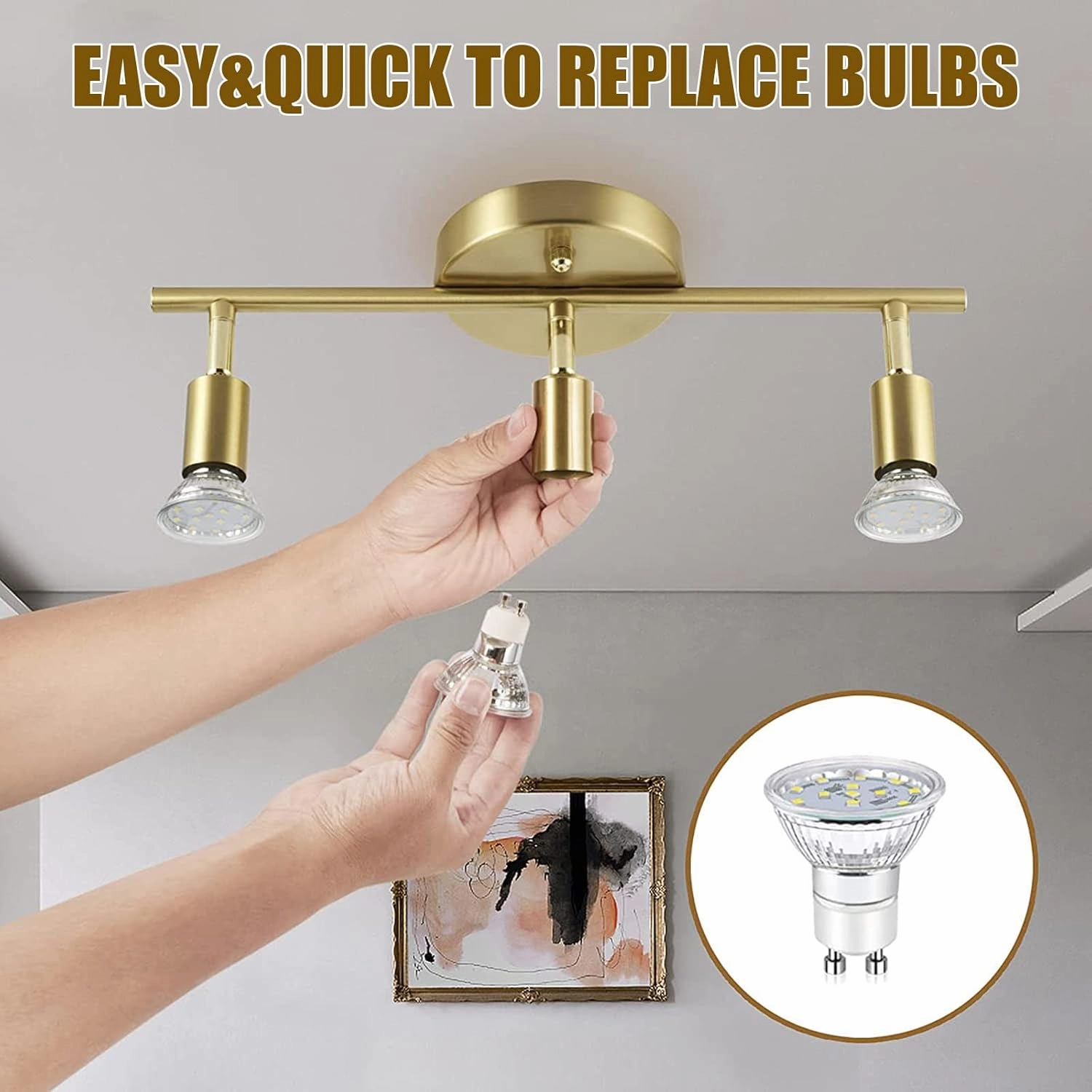 3 Light LED Track Lighting Kit Fixtures, Golden Finish 3 Way Ceiling Spotlight for Kitchen,Flexibly Rotatable Light Heads,Included 3 gu10 LED Bulbs (4W 400LM Warm White 2700K)