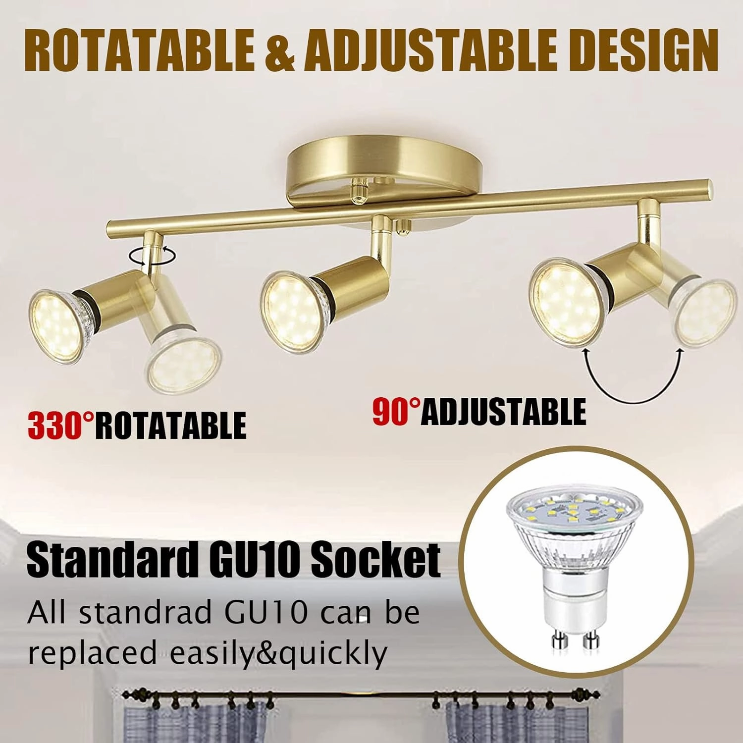 3 Light LED Track Lighting Kit Fixtures, Golden Finish 3 Way Ceiling Spotlight for Kitchen,Flexibly Rotatable Light Heads,Included 3 gu10 LED Bulbs (4W 400LM Warm White 2700K)