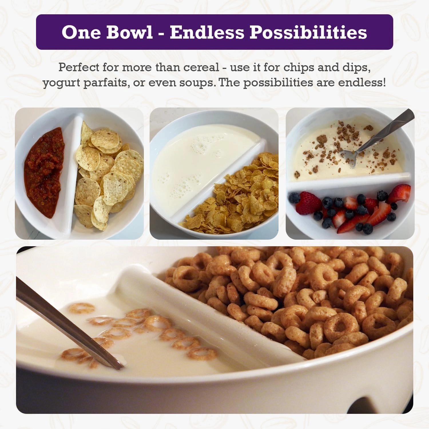 3 Pack - Just Crunch Anti-Soggy Cereal Bowl - Keeps Cereal Fresh & Crunchy | BPA Free | Microwave Safe | Ice Cream & Topping, Yogurt & Berries, Fries & Ketchup and More – White, Large