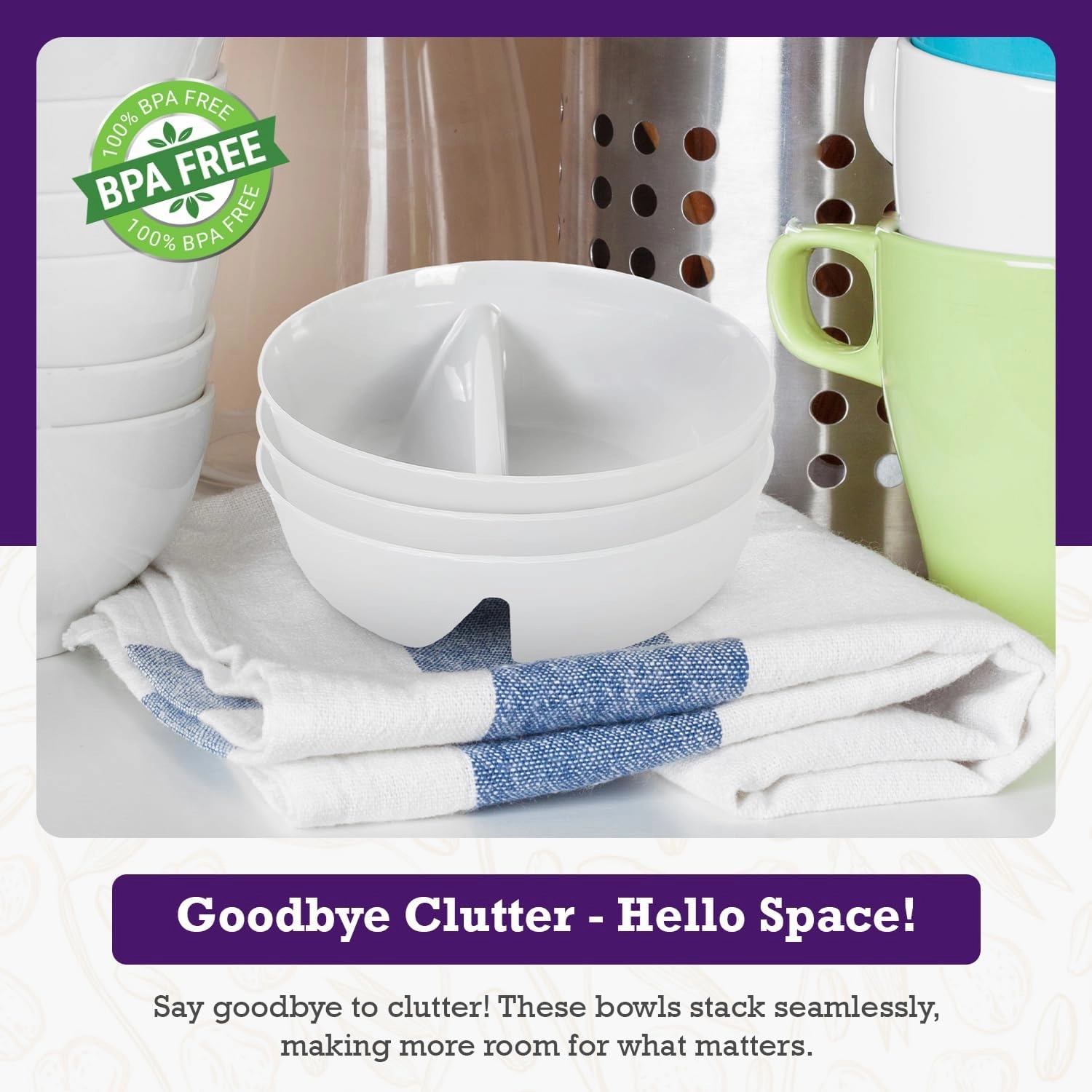 3 Pack - Just Crunch Anti-Soggy Cereal Bowl - Keeps Cereal Fresh & Crunchy | BPA Free | Microwave Safe | Ice Cream & Topping, Yogurt & Berries, Fries & Ketchup and More – White, Large