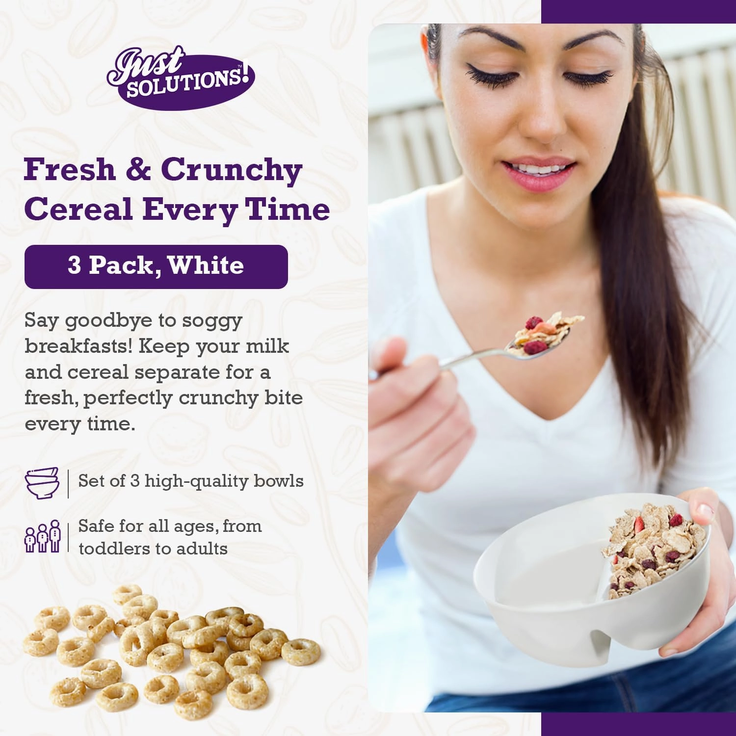 3 Pack - Just Crunch Anti-Soggy Cereal Bowl - Keeps Cereal Fresh & Crunchy | BPA Free | Microwave Safe | Ice Cream & Topping, Yogurt & Berries, Fries & Ketchup and More – White, Large