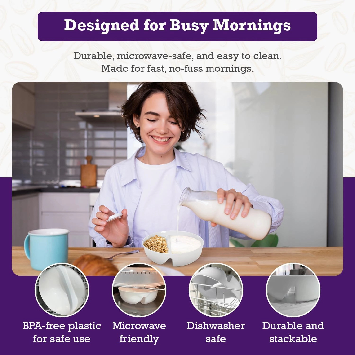 3 Pack - Just Crunch Anti-Soggy Cereal Bowl - Keeps Cereal Fresh & Crunchy | BPA Free | Microwave Safe | Ice Cream & Topping, Yogurt & Berries, Fries & Ketchup and More – White, Large