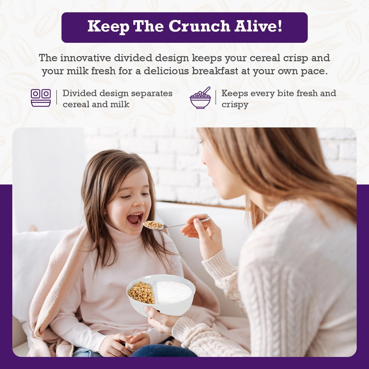 3 Pack - Just Crunch Anti-Soggy Cereal Bowl - Keeps Cereal Fresh & Crunchy | BPA Free | Microwave Safe | Ice Cream & Topping, Yogurt & Berries, Fries & Ketchup and More – White, Large