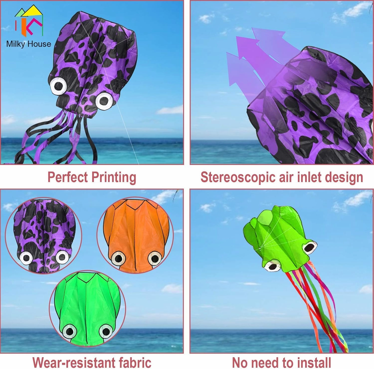 3 Pack Octopus Kite - 3D Beach Kites for People & Kids (Blue, Green, Red) - Easy to Fly, Kite Kit with 100M String