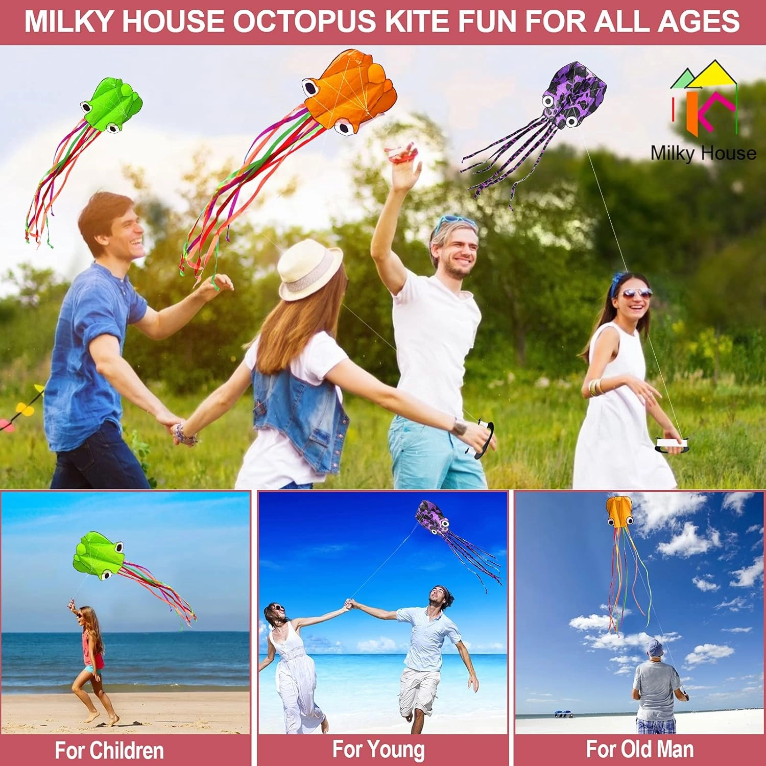 3 Pack Octopus Kite - 3D Beach Kites for People & Kids (Blue, Green, Red) - Easy to Fly, Kite Kit with 100M String