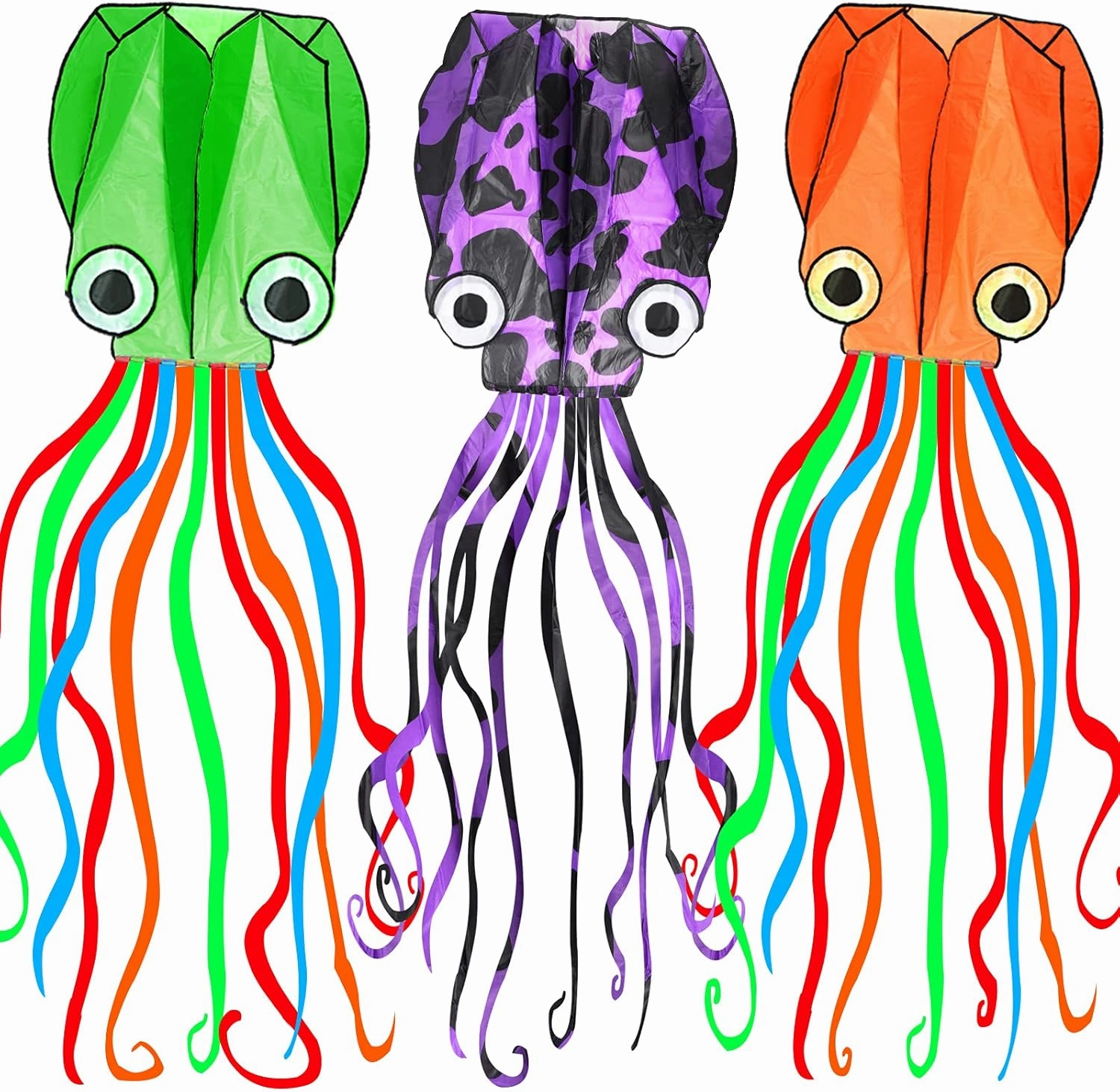 3 Pack Octopus Kite - 3D Beach Kites for People & Kids (Blue, Green, Red) - Easy to Fly, Kite Kit with 100M String