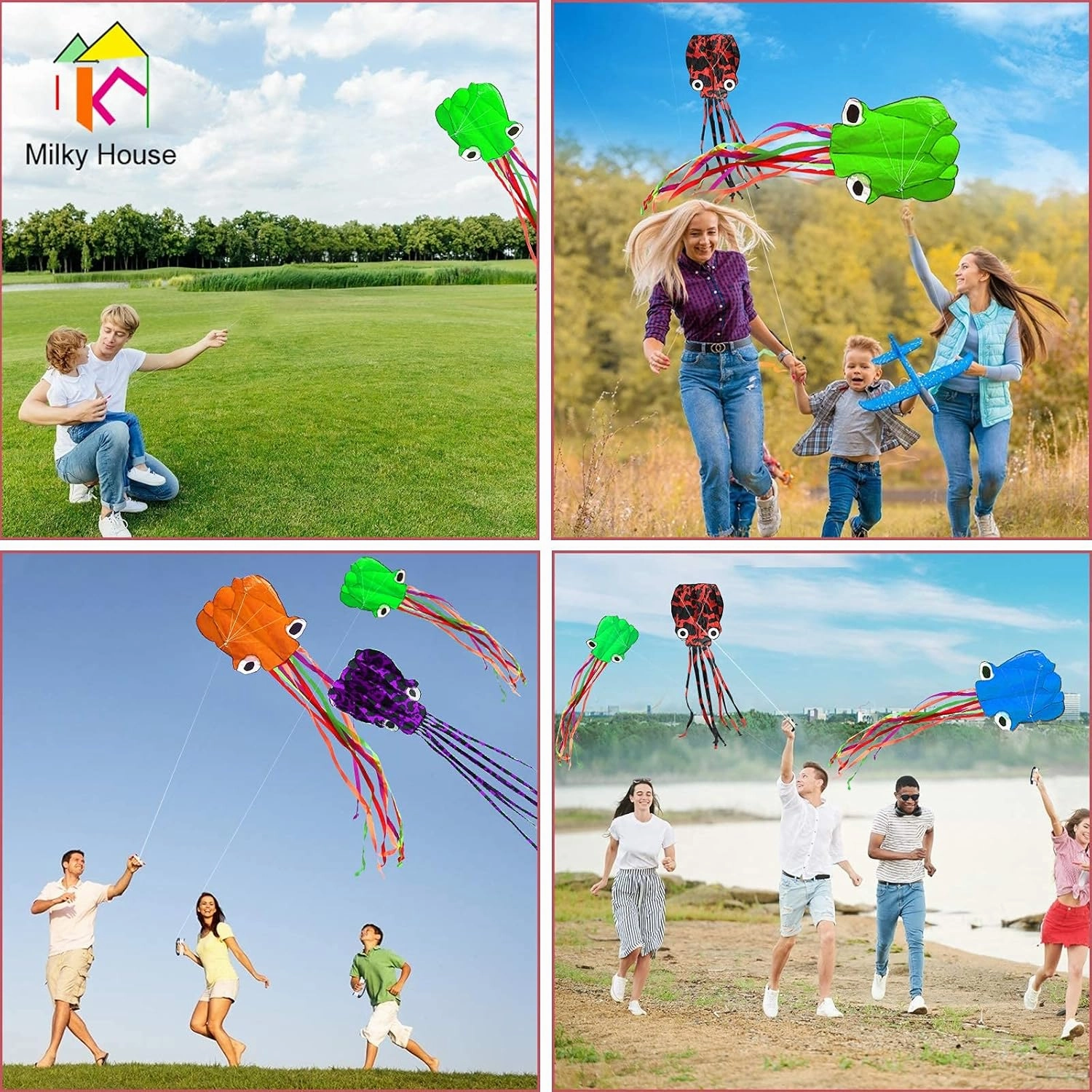 3 Pack Octopus Kite - 3D Beach Kites for People & Kids (Blue, Green, Red) - Easy to Fly, Kite Kit with 100M String