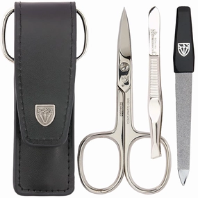 3 Swords Germany - brand quality 3 piece manicure pedicure grooming kit set for professional finger & toe nail care scissors file genuine leather case in gift box, Made in Solingen Germany