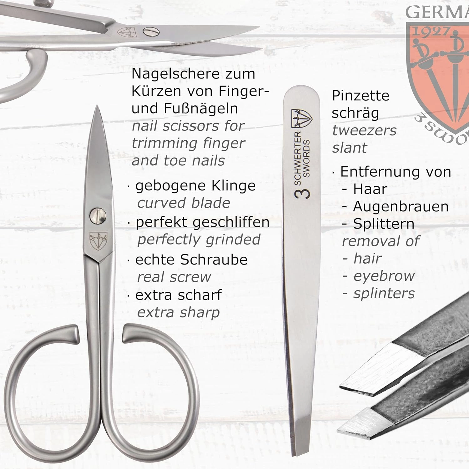 3 Swords Germany - brand quality 3 piece stainless steel INOX manicure pedicure grooming kit set for professional finger & toe nail care scissors file tweezers genuine leather case in gift box (03874)