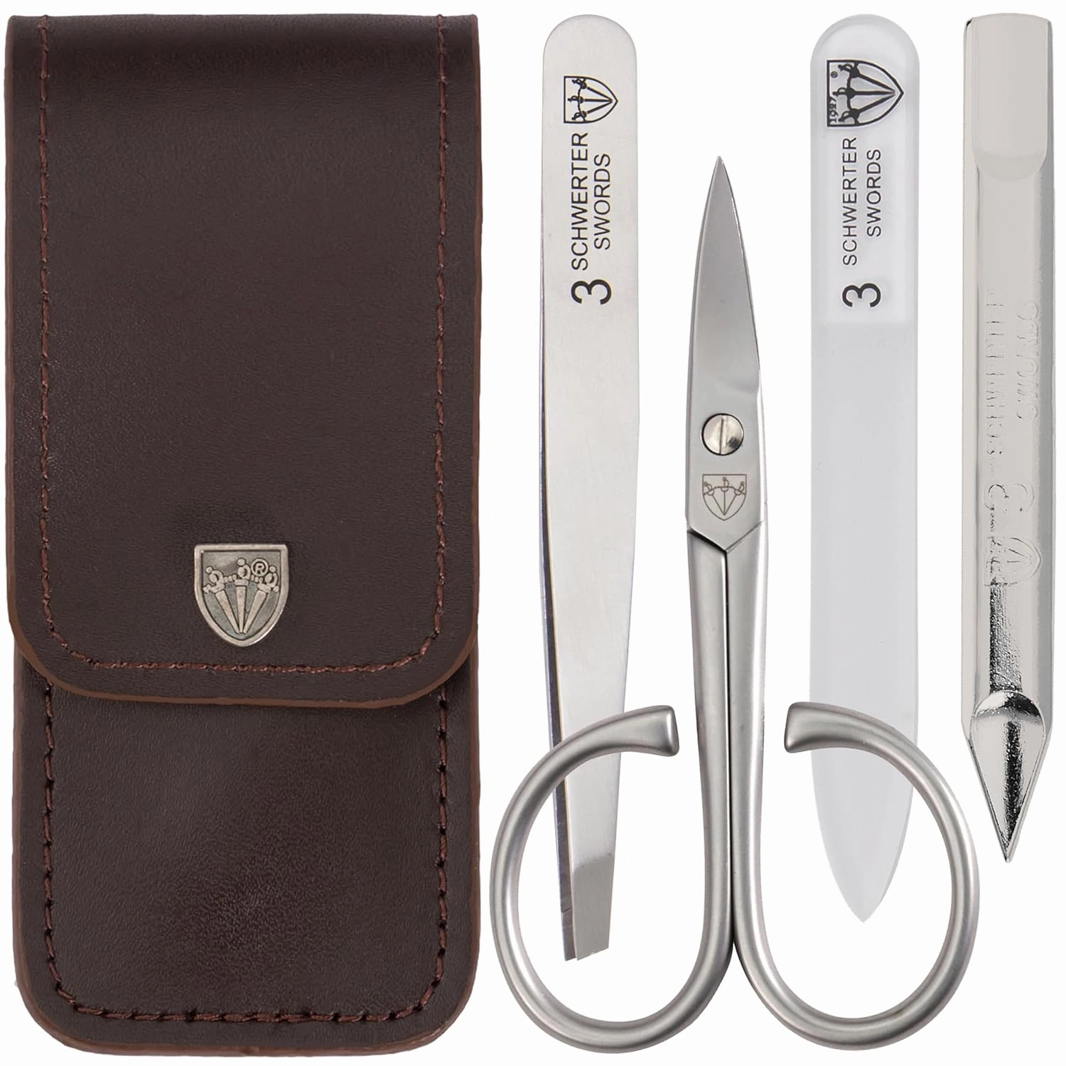 3 Swords Germany - brand quality 3 piece stainless steel INOX manicure pedicure grooming kit set for professional finger & toe nail care scissors file tweezers genuine leather case in gift box (03874)