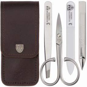 3 Swords Germany - brand quality 3 piece stainless steel INOX manicure pedicure grooming kit set for professional finger & toe nail care scissors file tweezers genuine leather case in gift box (03874)