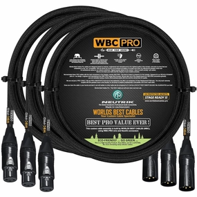 3 Units - 6 Foot - WBC-PRO-Quad Ultra-Silent Ultra-Flexible Balanced Star-Quad Cable with Neutrik Male & Female XLR Plugs & Black Tweed Jacket