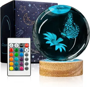 3D Crystal Ball Night Light with Wooden Base, 3.15" Butterfly & Flower Figurine Glass Lamp with 16 Colors, Cute Desk Decor for Bedroom Gifts