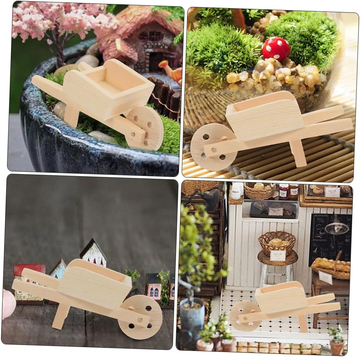 3sets Miniature Wheelbarrow Model for Doll House Wooden Decorative Barrow for Boys and Girls 2pcs*3