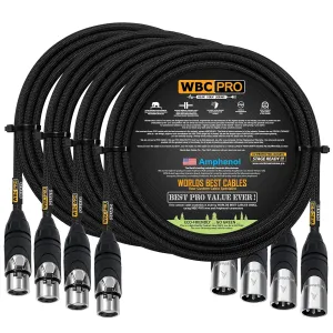 4 Units - 10 Foot - WBC-PRO-Quad Ultra-Silent Ultra-Flexible Balanced Star-Quad Cable with Amphenol Male & Female XLR Plugs & Black Tweed Jacket