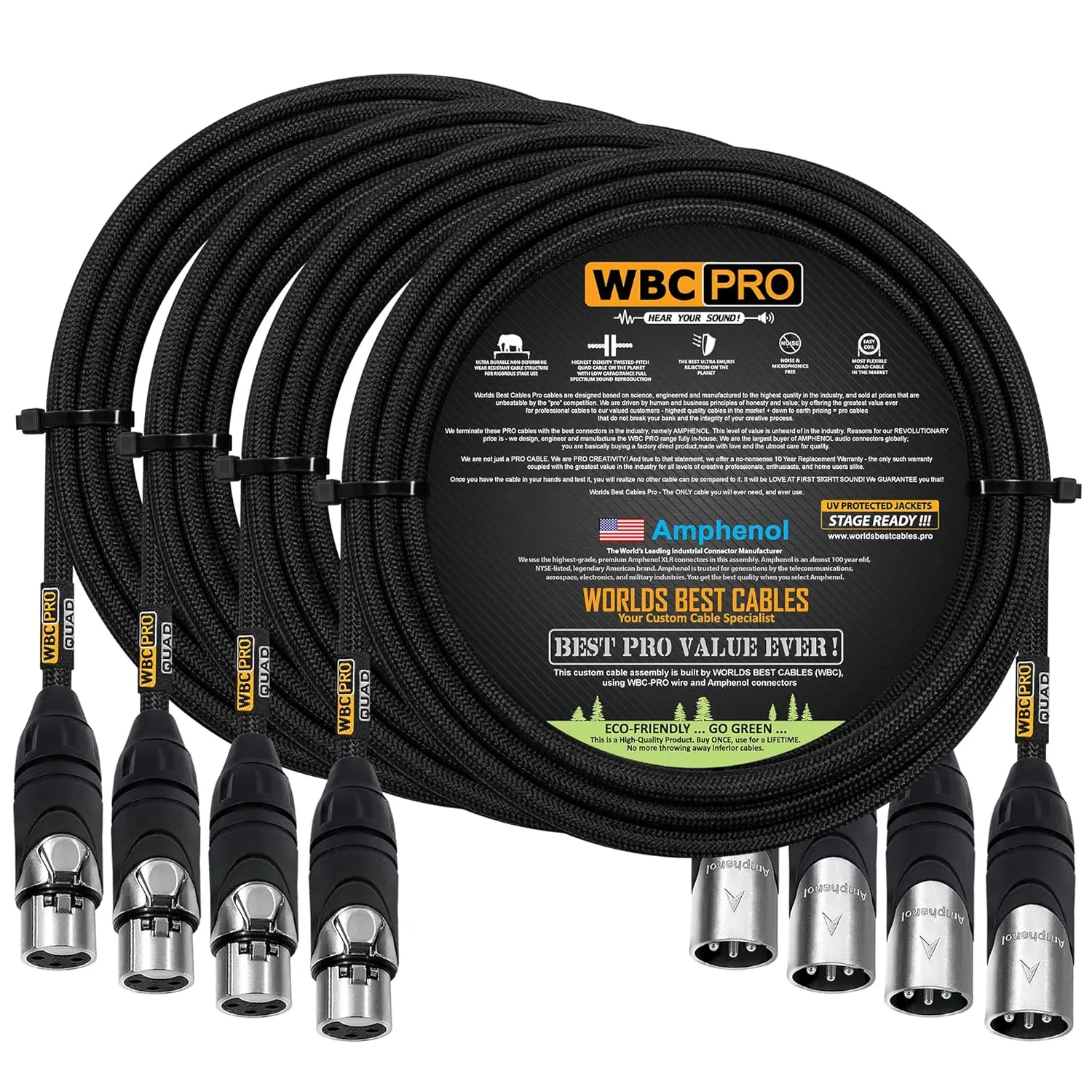 4 Units - 10 Foot - WBC-PRO-Quad Ultra-Silent Ultra-Flexible Balanced Star-Quad Cable with Amphenol Male & Female XLR Plugs & Black Tweed Jacket