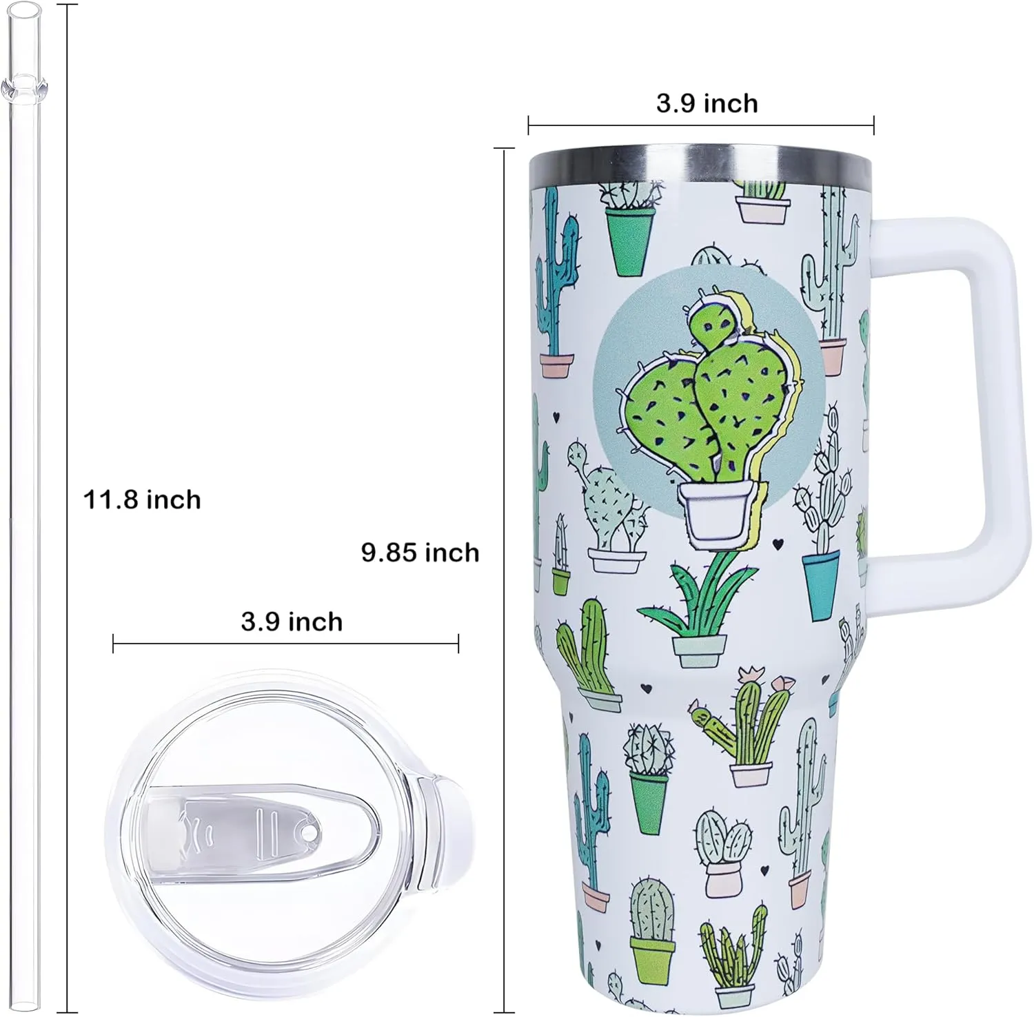 40 oz Cute Cactus Tumbler with Handle and Straw, What the Fucculent Stainless Steel Insulated Cup with Lid and Straw, Travel Mug Water Bottle, Gifts for Women