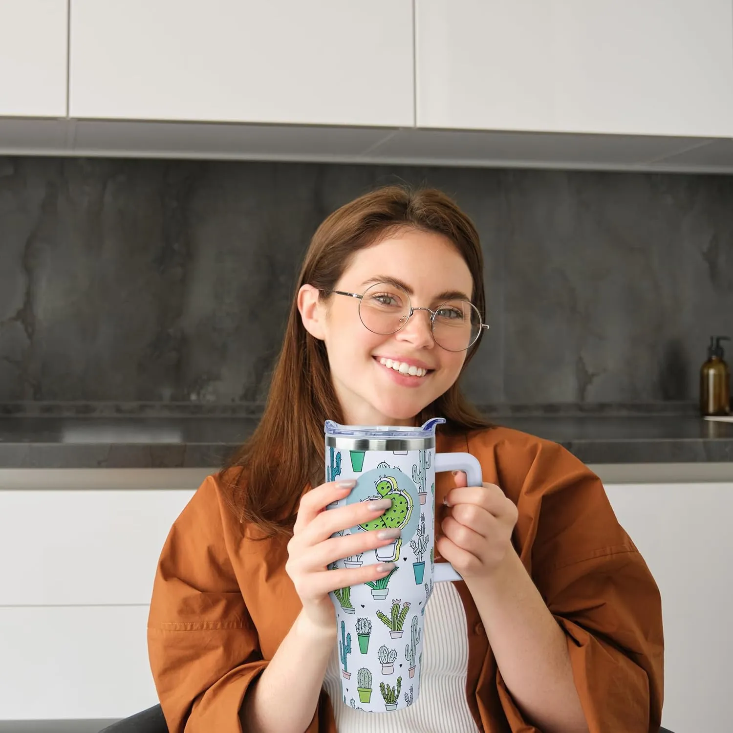40 oz Cute Cactus Tumbler with Handle and Straw, What the Fucculent Stainless Steel Insulated Cup with Lid and Straw, Travel Mug Water Bottle, Gifts for Women