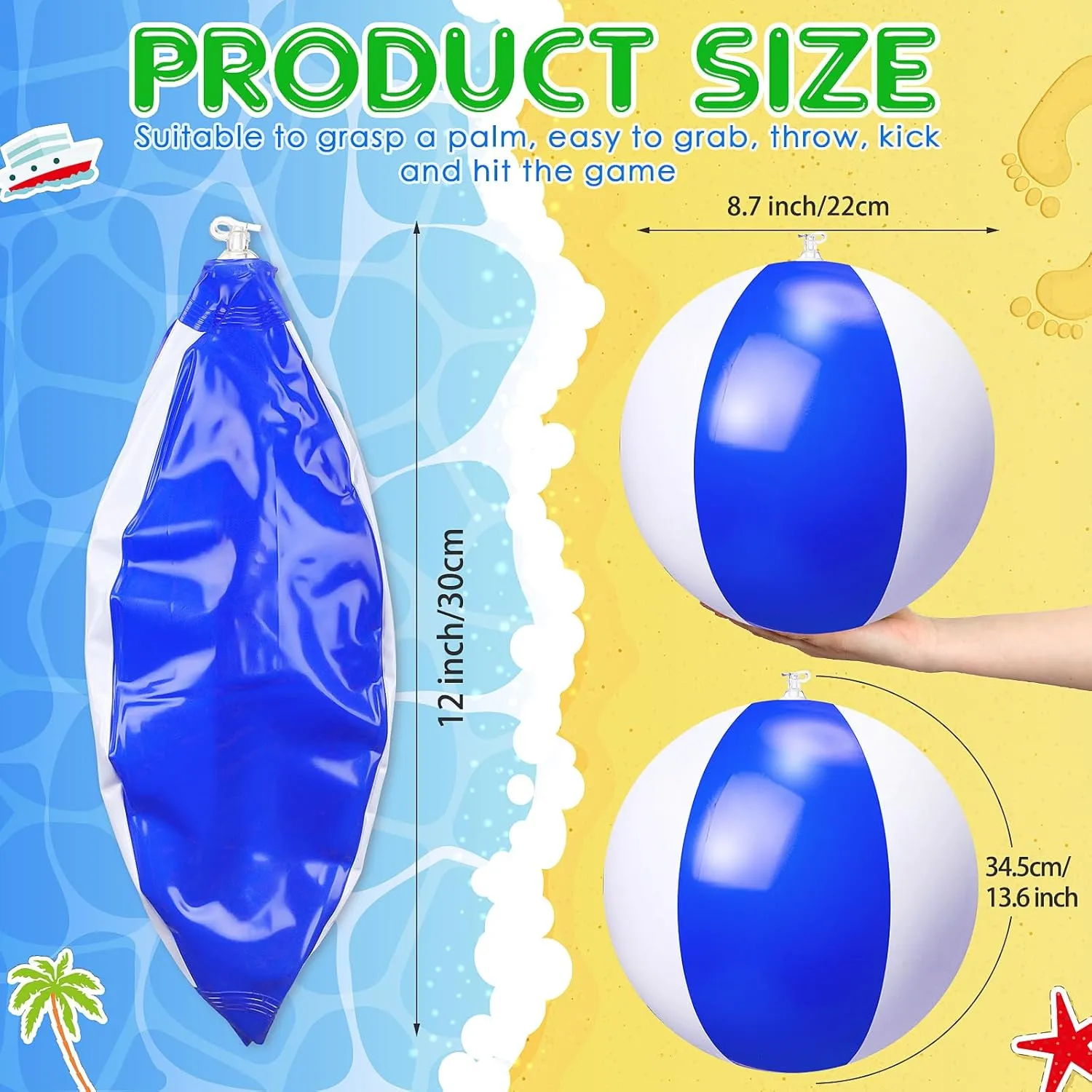 48 Pack 12 Inch Inflatable Beach Balls Bulk Pool Game Balls Balloons Colored Beach Toys Gifts for Boys Girls Games Birthday Party(Blue White)