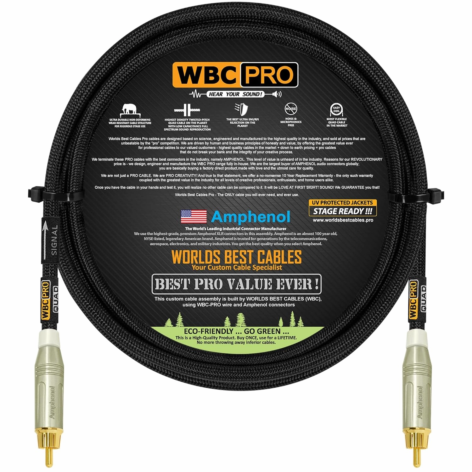 4 Foot - WBC-PRO-Quad Ultra-Silent, Ultra-Flexible, Star-Quad Center-Channel, Subwoofer Cable with Amphenol ACPR-SWH Die-Cast, Gold Plated RCA Connectors & Black Tweed Jacket – Directional Design