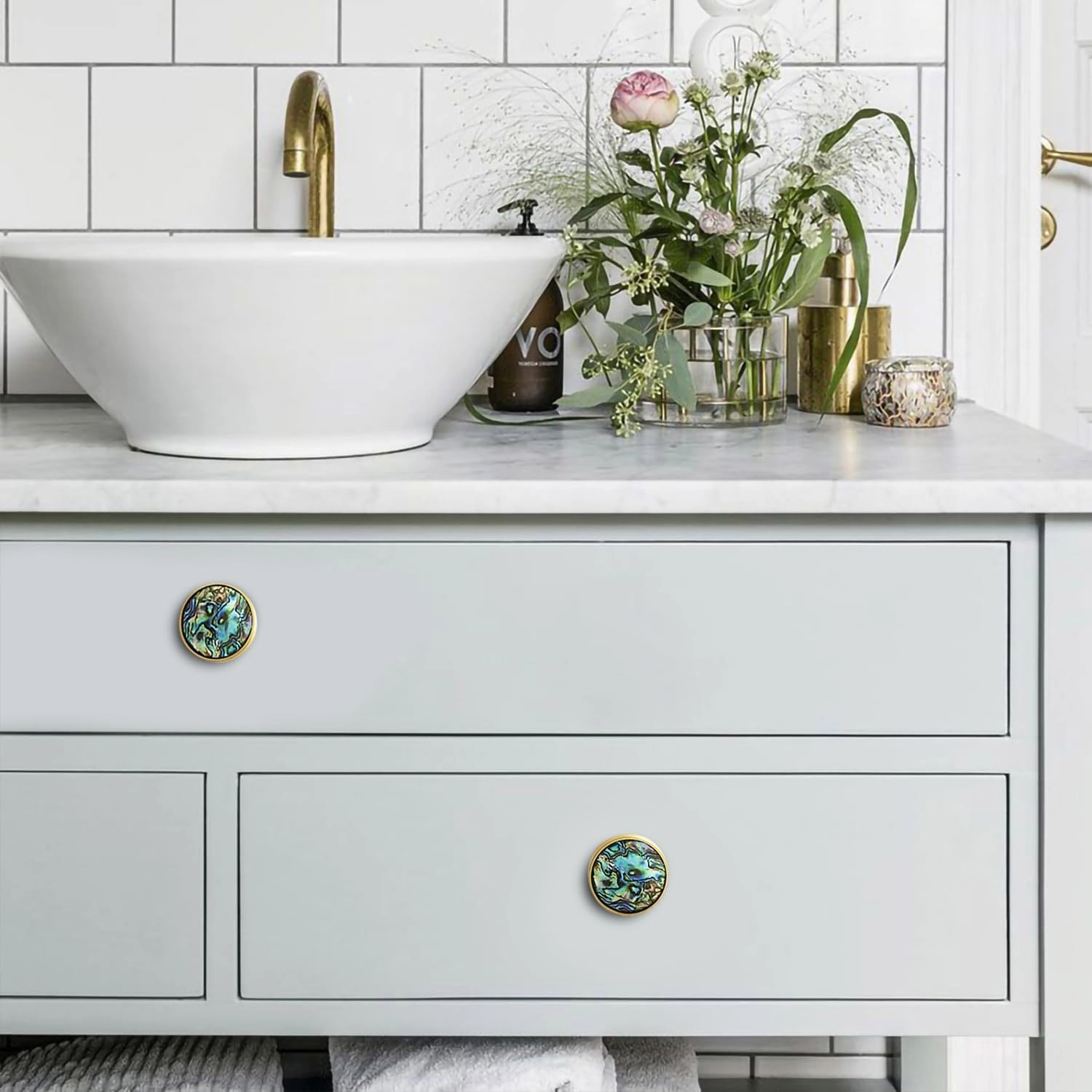 4 Pack 1-1/3 Inch Natural Shells Cabinet Knobs Pulls Drawer Knobs Hanging Hooks Brass Furniture Dresser Kitchen Hardware Pulls Knobs Handle, Colorful Shell, M