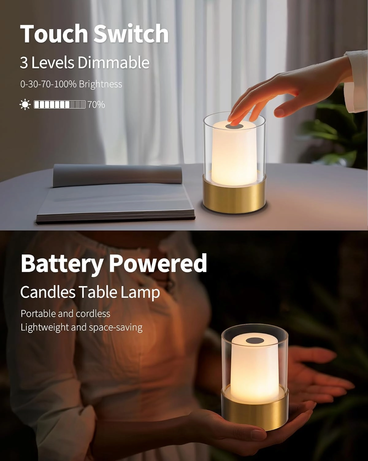 4" Small LED Battery Operated Lamp Set of 2, Cordless Rechargeable Table Lamp, Mini Night Light, Waterproof Outdoor Desk Lamp for Bathroom Bar Dining Room Nursery Baby Coffee Shop (Bronze)